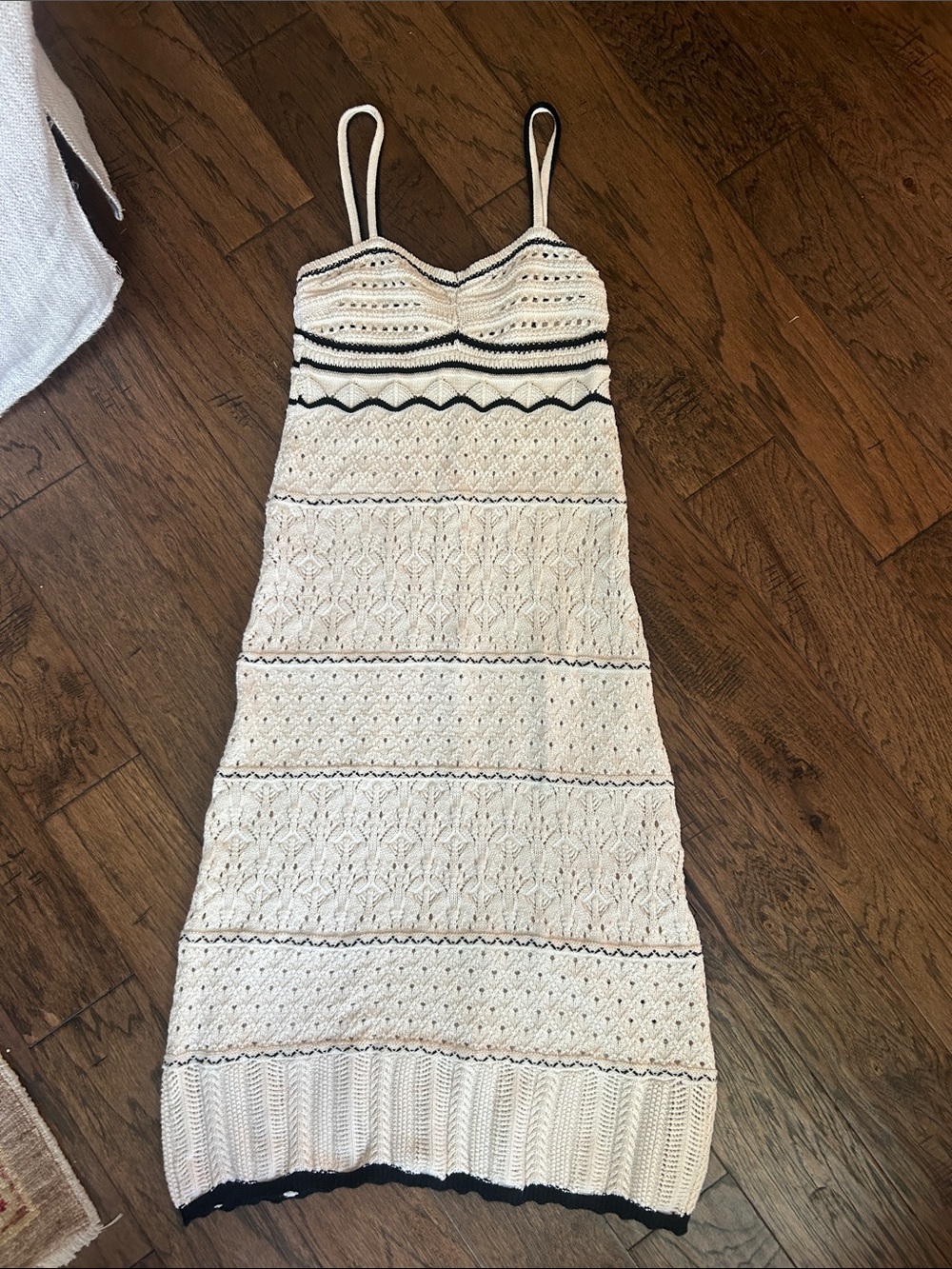 Cream Crochet Midi Dress with Black Trim